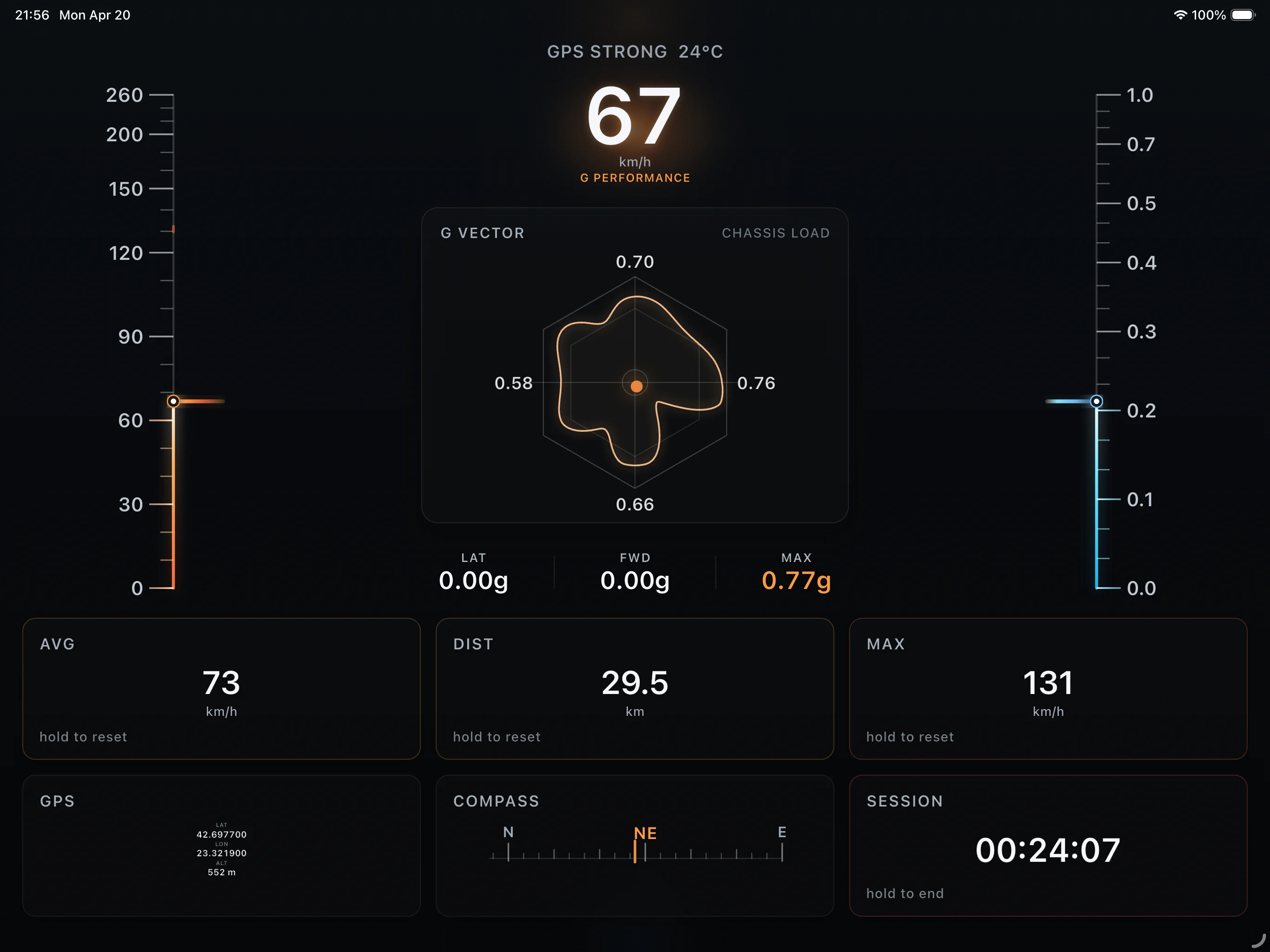 G Performance tablet cockpit dashboard with GPS speedometer, compass, and driving telemetry