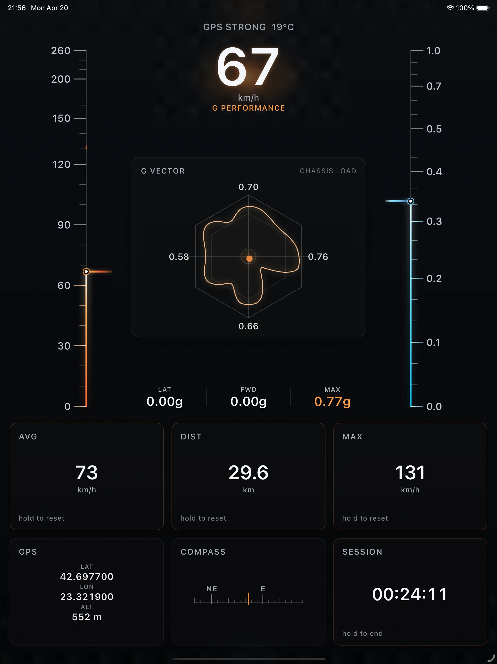 Tablet GPS speedometer app with altitude, coordinates, and G-force cockpit telemetry